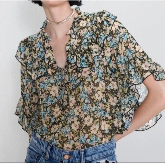 Zara Top Women's Small Black Green Floral Small Ruffle Sleeves V Neck Sheer - Picture 1 of 7